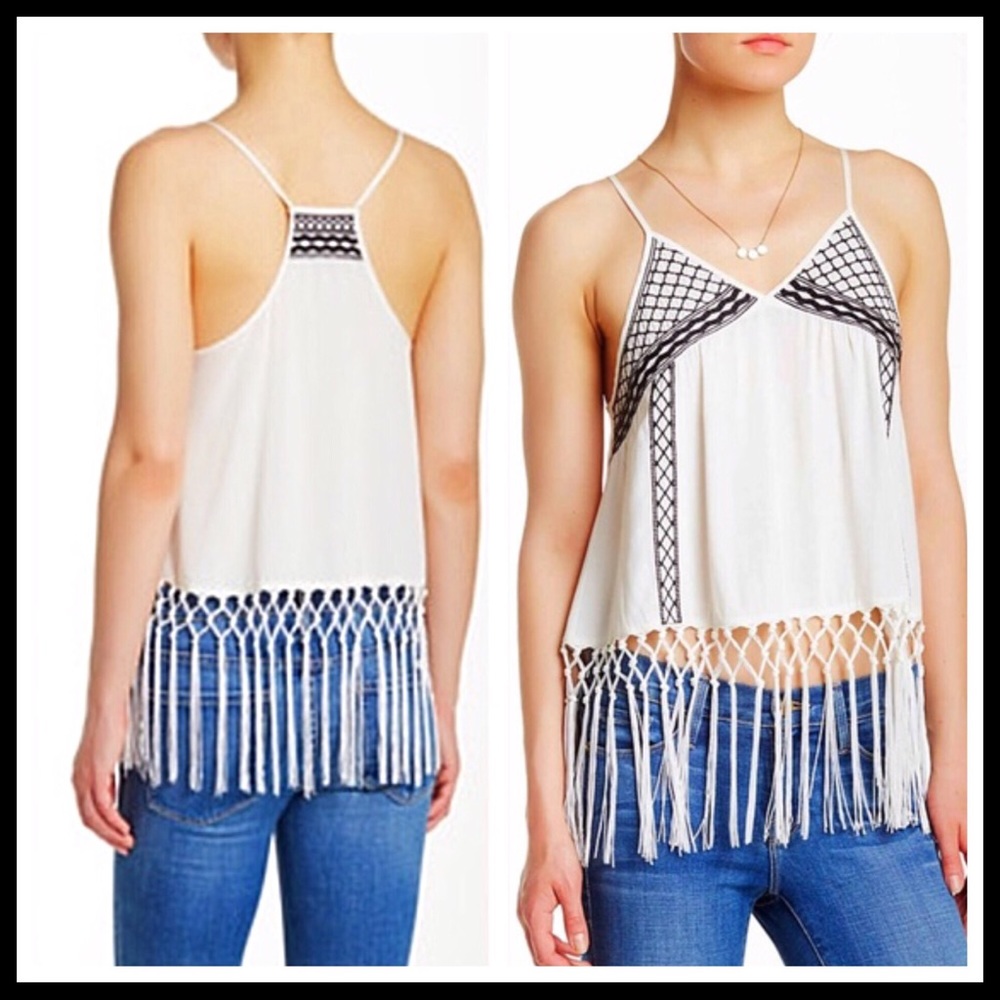 WHITE BOHO FRINGE TRIM CROP TANK A2C - Picture 4 of 8